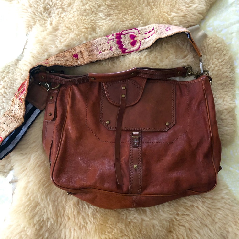 Boho cross body leather bag with embroidered strap